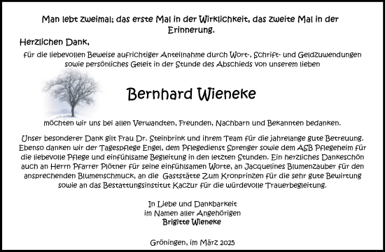 Traueranzeige von Bernhard Wieneke von Volksstimme Halberstadt