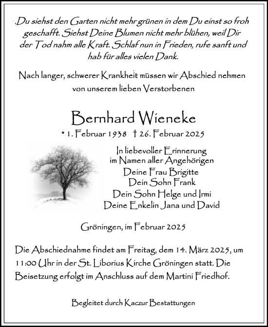 Traueranzeige von Bernhard Wieneke von Volksstimme Oschersleben/Wanzleben