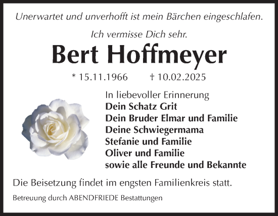 Traueranzeige von Bert Hoffmeyer von Volksstimme Magdeburg