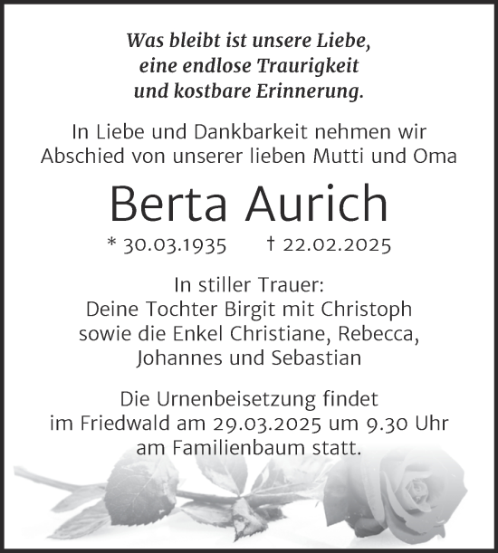 Traueranzeige von Berta Aurich von Trauerkombi Dessau