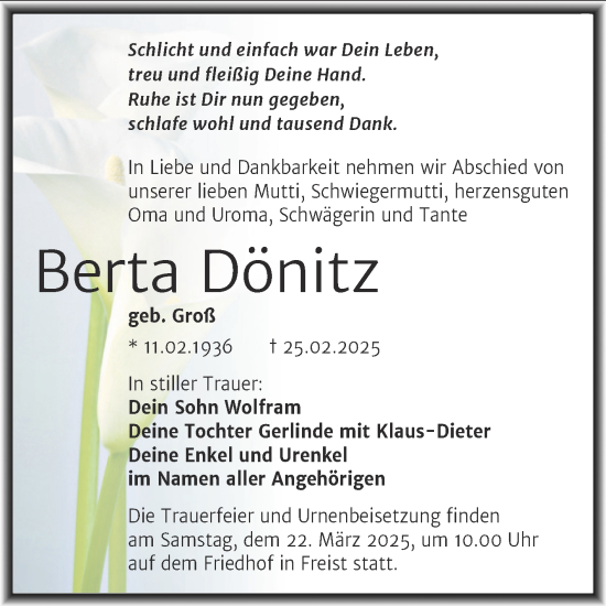 Traueranzeige von Berta Dönitz von Trauerkombi Mansfelder Land