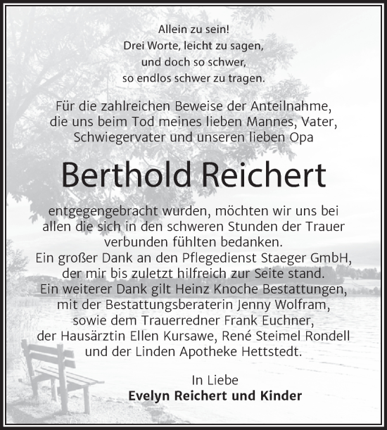 Traueranzeige von Berthold Reichert von Trauerkombi Mansfelder Land
