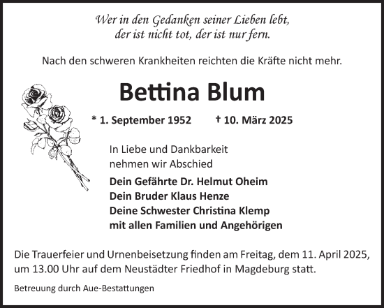 Traueranzeige von Bettina Blum von Volksstimme Magdeburg