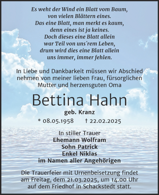Traueranzeige von Bettina Hahn von Trauerkombi Aschersleben