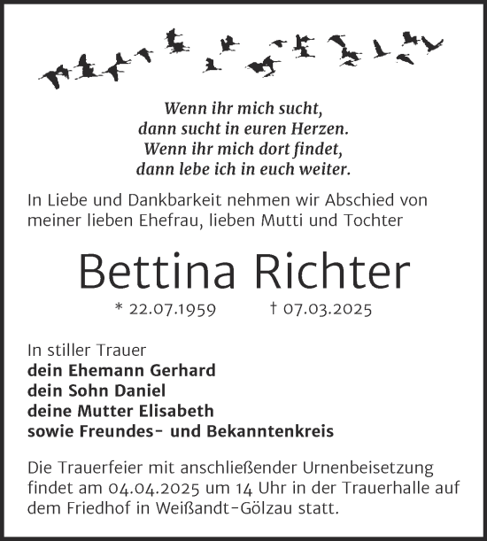 Traueranzeige von Bettina Richter von Trauerkombi Köthen