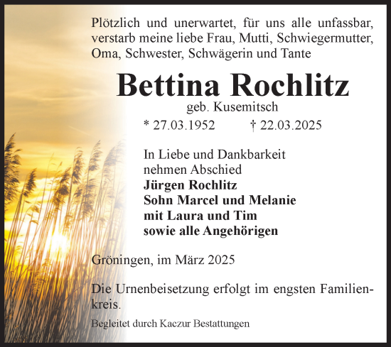 Traueranzeige von Bettina Rochlitz von Volksstimme Oschersleben/Wanzleben