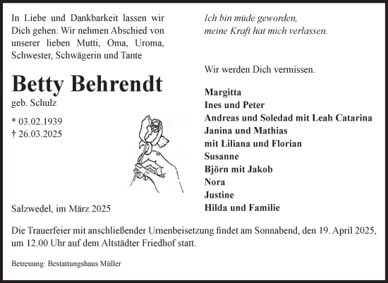 Traueranzeige von Betty Behrendt von Volksstimme Altmark West
