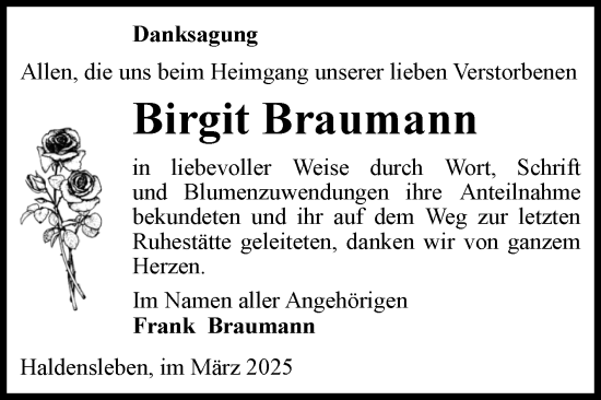 Traueranzeige von Birgit Braumann von Volksstimme Haldensleben/Wolmirstedt