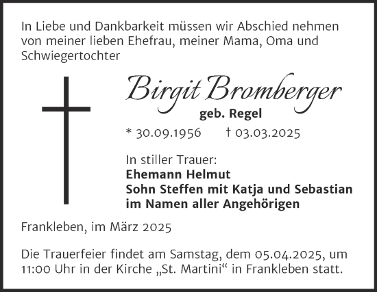 Traueranzeige von Birgit Bromberger von Trauerkombi Merseburg