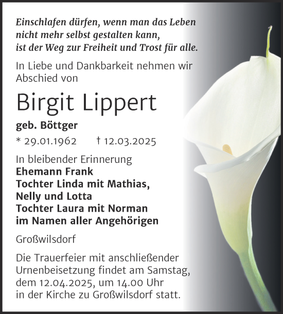 Traueranzeige von Birgit Lippert von Super Sonntag Naumburg/Nebra