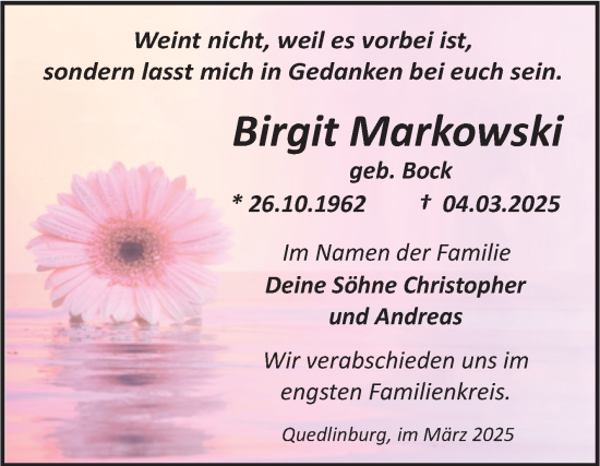 Traueranzeige von Birgit Markowski von Trauerkombi Quedlinburg
