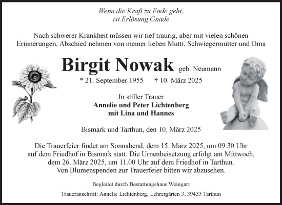 Traueranzeige von Birgit Nowak von Volksstimme Altmark Ost