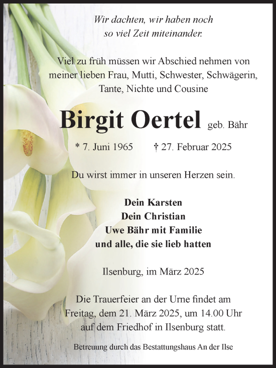 Traueranzeige von Birgit Oertel von Volksstimme Wernigerode