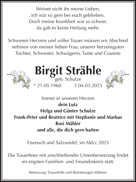Traueranzeige von Birgit Strähle von Volksstimme Altmark West