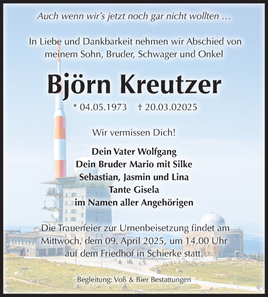 Traueranzeige von Björn Kreutzer von Volksstimme Wernigerode