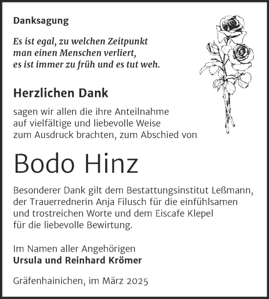 Traueranzeige von Bodo Hinz von Trauerkombi Wittenberg
