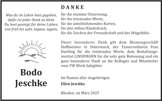 Traueranzeige von Bodo Jeschke von Volksstimme Halberstadt