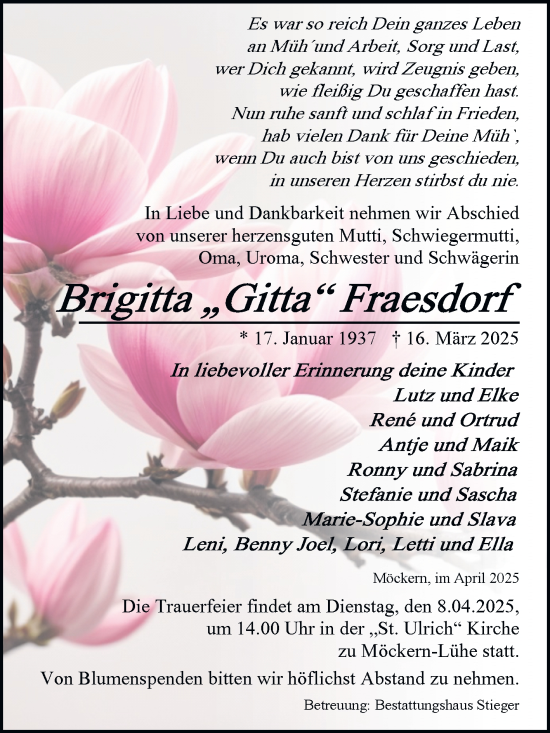 Traueranzeige von Brigitta Fraesdorf von Volksstimme Burg/Genthin