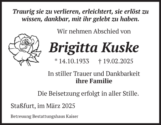 Traueranzeige von Brigitta Kuske von Volksstimme Staßfurt