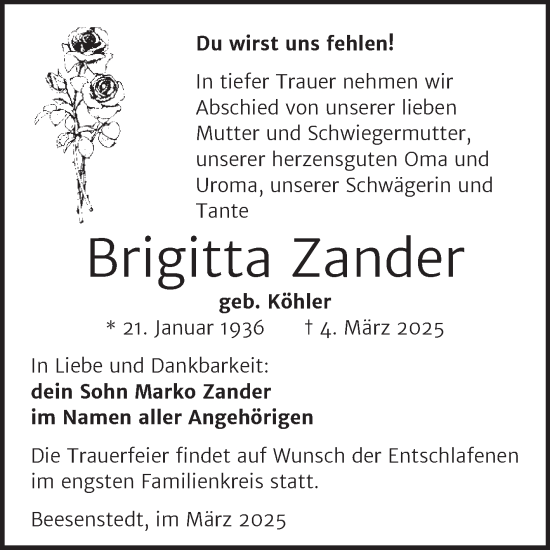 Traueranzeige von Brigitta Zander von Trauerkombi Dessau