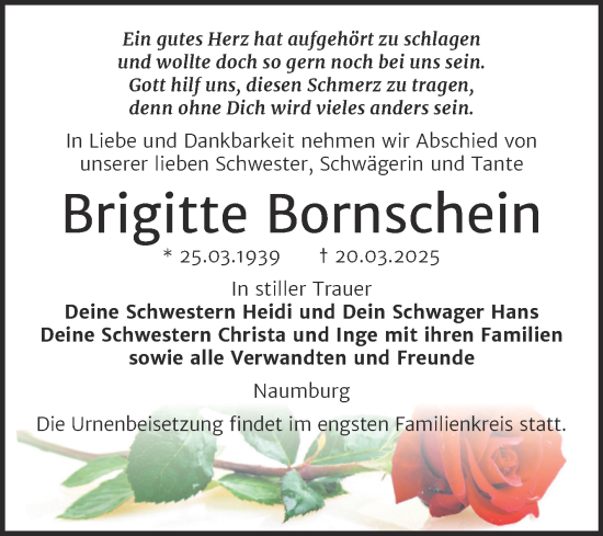 Traueranzeige von Brigitte Bornschein von Super Sonntag Naumburg/Nebra