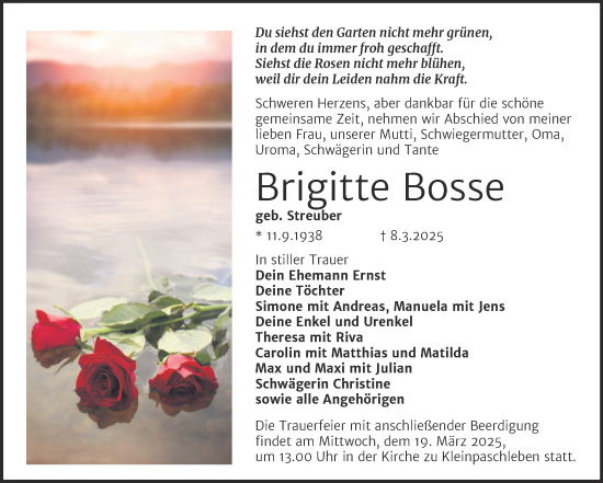 Traueranzeige von Brigitte Bosse von Trauerkombi Köthen
