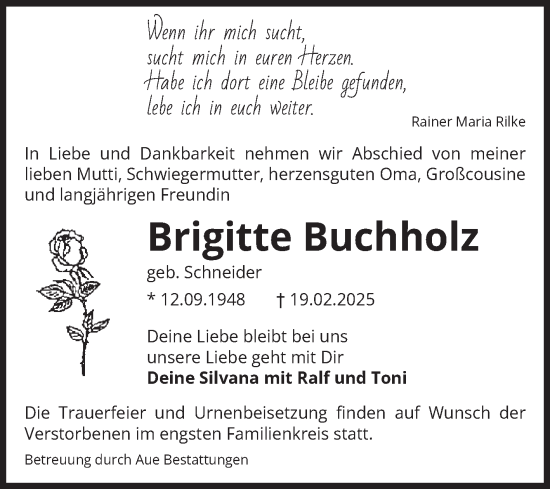 Traueranzeige von Brigitte Buchholz von Volksstimme Oschersleben/Wanzleben