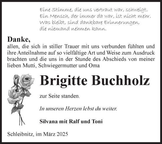 Traueranzeige von Brigitte Buchholz von Volksstimme Oschersleben/Wanzleben
