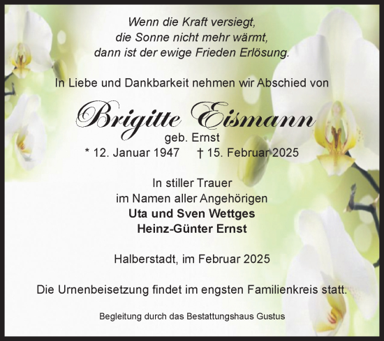 Traueranzeige von Brigitte Eismann von Volksstimme Halberstadt