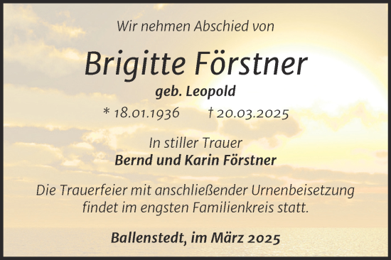 Traueranzeige von Brigitte Förstner von Trauerkombi Quedlinburg