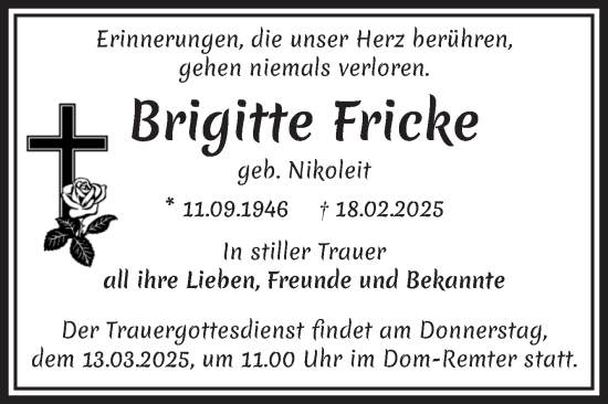Traueranzeige von Brigitte Fricke von Volksstimme Magdeburg