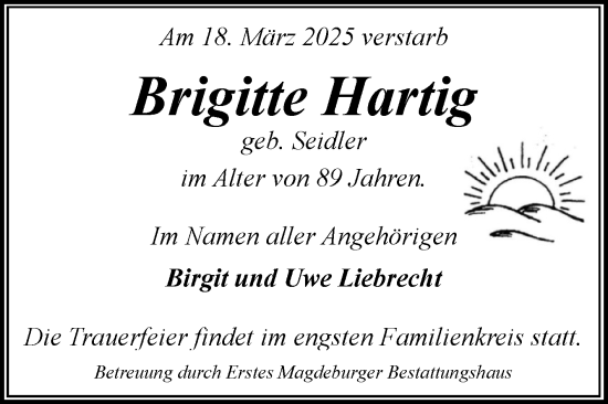 Traueranzeige von Brigitte Hartig von Volksstimme Magdeburg