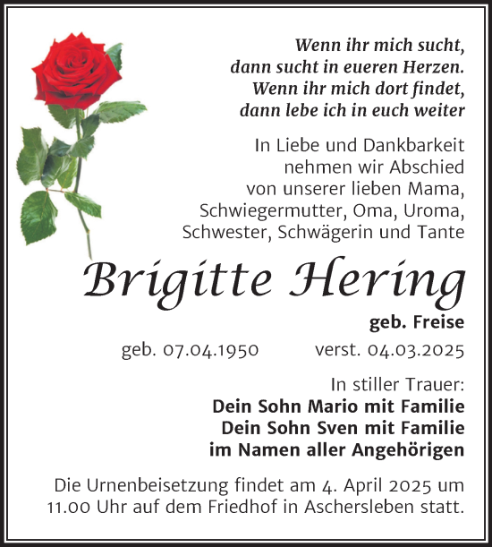 Traueranzeige von Brigitte Hering von Trauerkombi Aschersleben