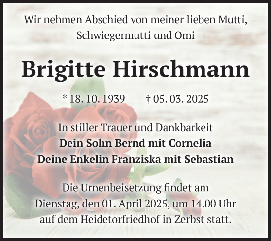 Traueranzeige von Brigitte Hirschmann von Volksstimme Zerbst