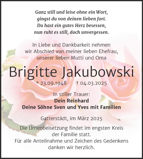 Traueranzeige von Brigitte Jakubowski von Trauerkombi Merseburg