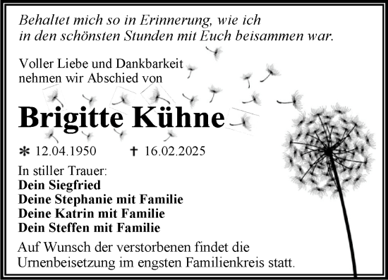 Traueranzeige von Brigitte Kühne von Trauerkombi Wittenberg