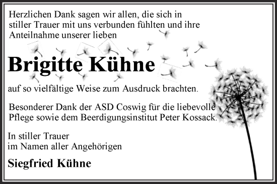 Traueranzeige von Brigitte Kühne von Trauerkombi Wittenberg