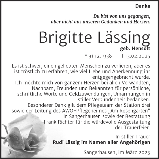 Traueranzeige von Brigitte Lässing von Trauerkombi Sangerhausen