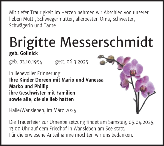 Traueranzeige von Brigitte Messerschmidt von Trauerkombi Mansfelder Land