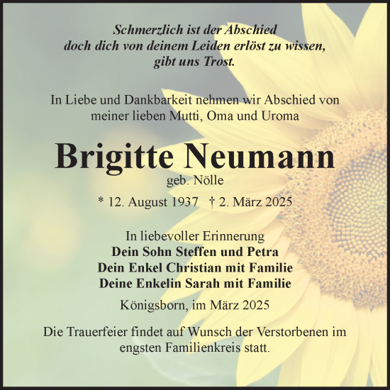 Traueranzeige von Brigitte Neumann von Volksstimme Burg/Genthin