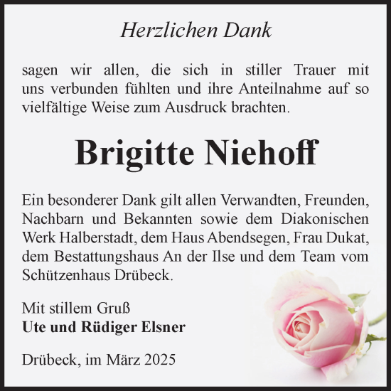 Traueranzeige von Brigitte Niehoff von Volksstimme Wernigerode