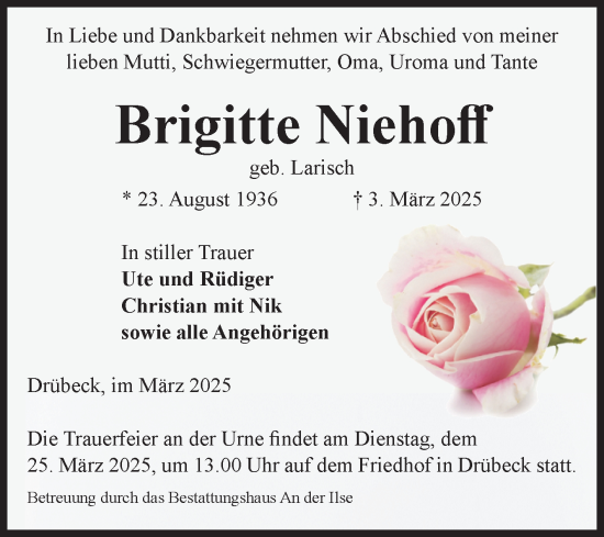 Traueranzeige von Brigitte Niehoff von Volksstimme Wernigerode