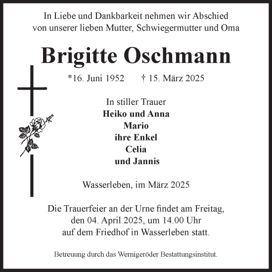 Traueranzeige von Brigitte Oschmann von Volksstimme Wernigerode