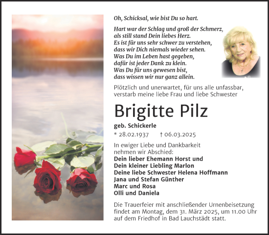 Traueranzeige von Brigitte Pilz von Trauerkombi Merseburg
