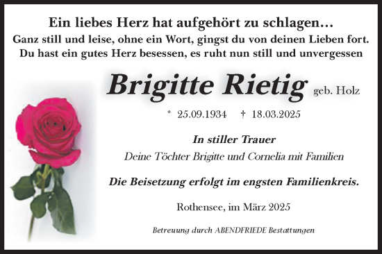 Traueranzeige von Brigitte Rietig von Volksstimme Magdeburg