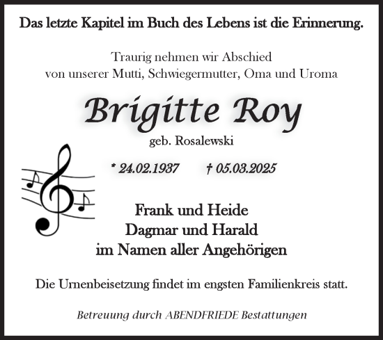 Traueranzeige von Brigitte Roy von Volksstimme Haldensleben/Wolmirstedt