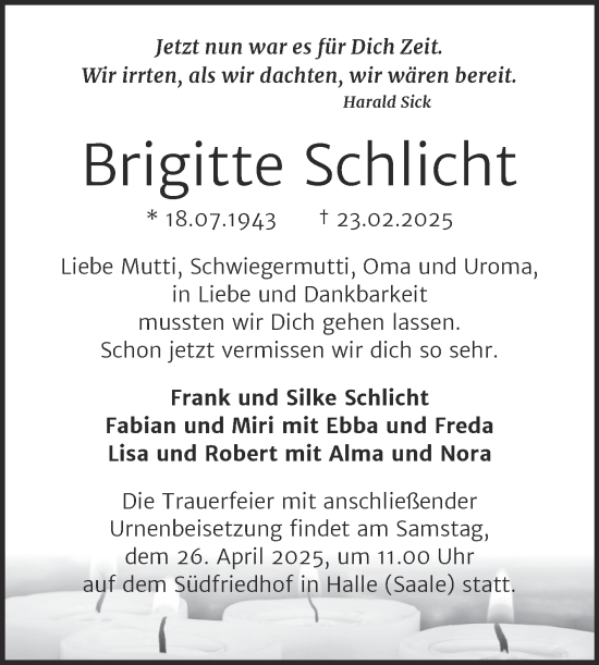 Traueranzeige von Brigitte Schlicht von Mitteldeutsche Zeitung Halle/Saalkreis