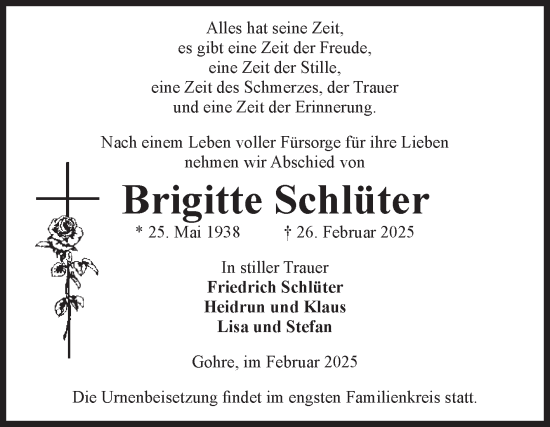 Traueranzeige von Brigitte Schlüter von Volksstimme Altmark Ost