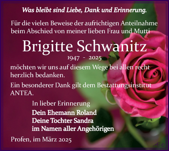 Traueranzeige von Brigitte Schwanitz von Trauerkombi Zeitz