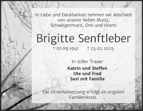 Traueranzeige von Brigitte Senftleber von Trauerkombi Bernburg